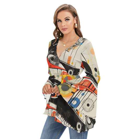 All-Over Print Women's V-neck Blouse With Flared Sleeves