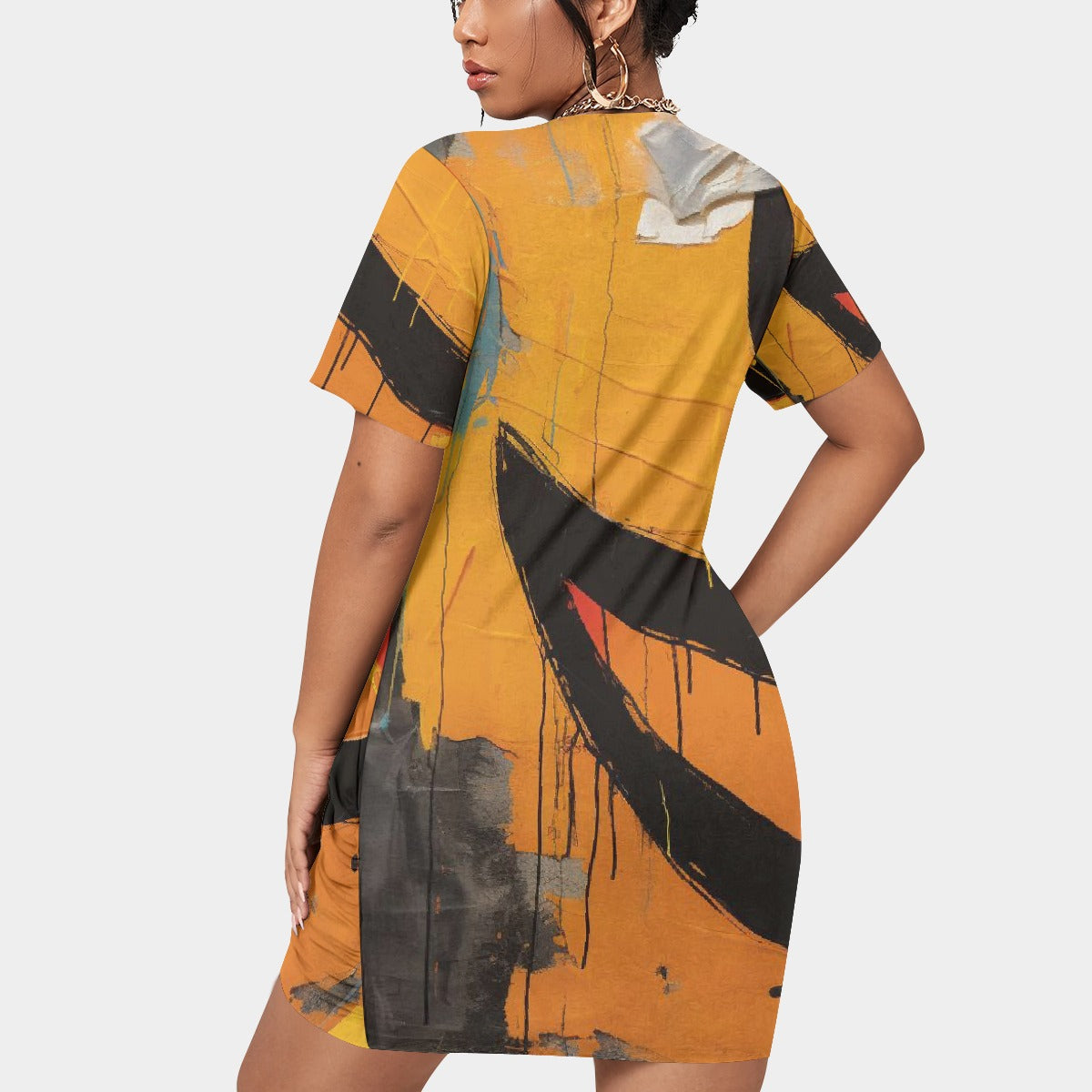 All-Over Print Women’s Stacked Hem Dress With Short Sleeve（Plus Size）