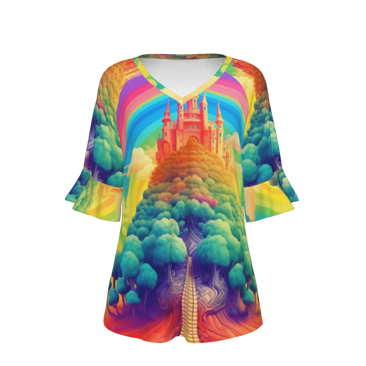 All-Over Print V-neck Women's T-shirt With Bell Sleeve