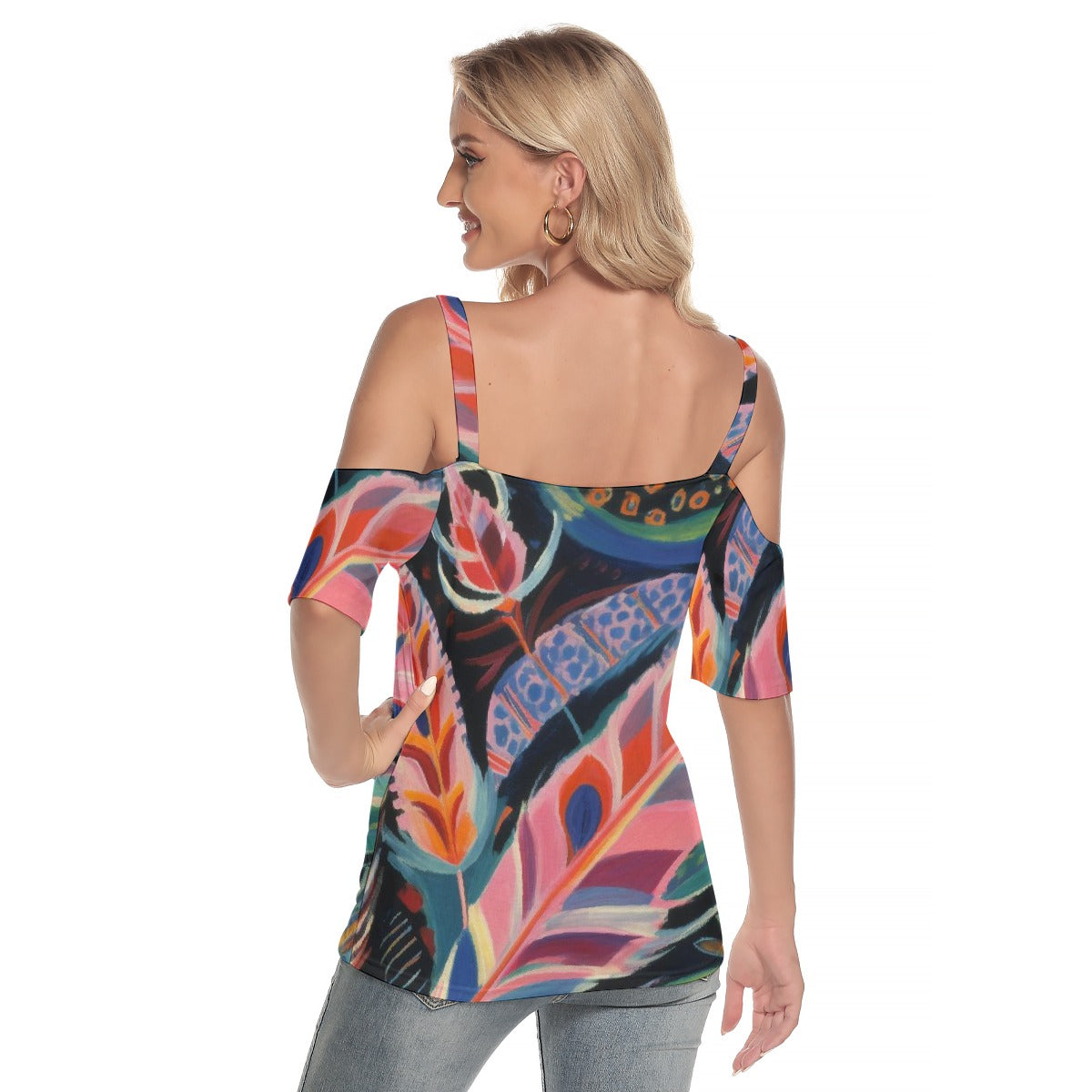 All-Over Print Women's Cold Shoulder T-shirt With Criss Cross Strips