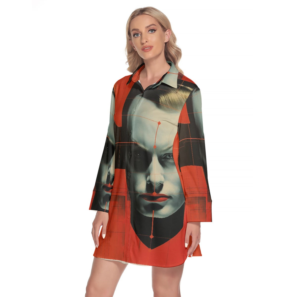 All-Over Print Women's Lapel Shirt Dress With Long Sleeve