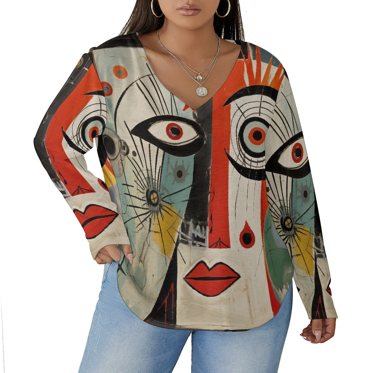 All-Over Print Women's V-neck T-shirt With Curved Hem(Plus Size)