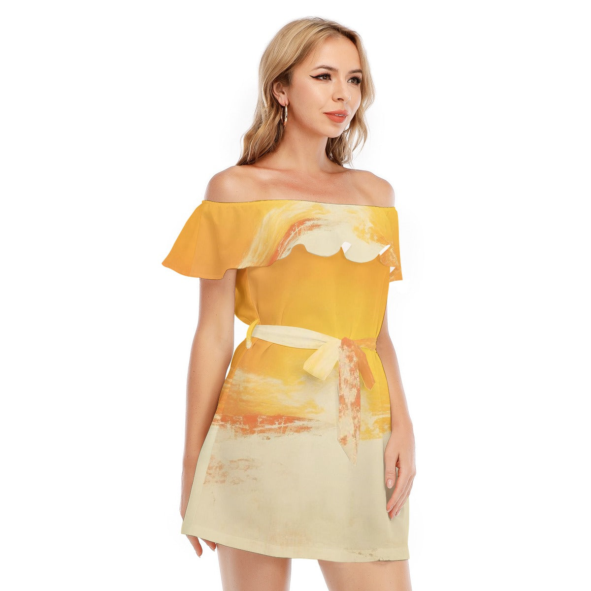 All-Over Print Women's Off-shoulder Dress With Ruffle