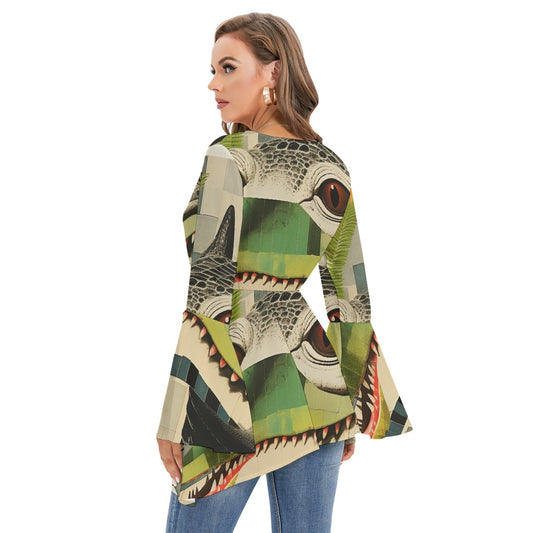 All-Over Print Women's V-neck Blouse With Flared Sleeves