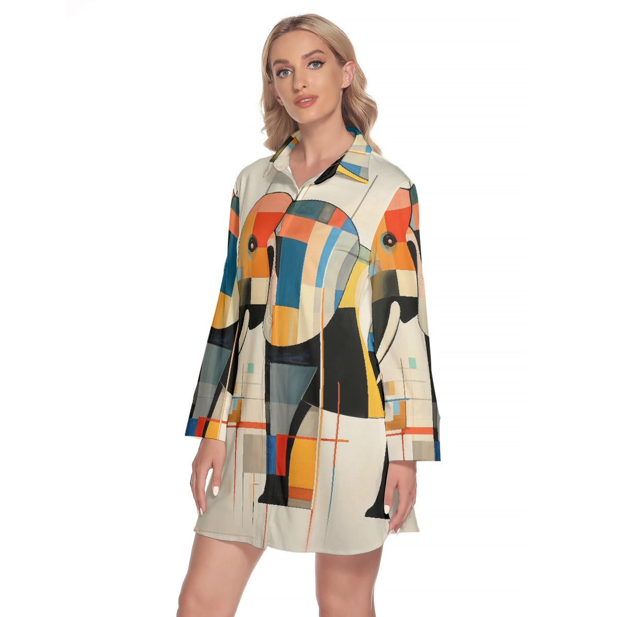 All-Over Print Women's Lapel Shirt Dress With Long Sleeve