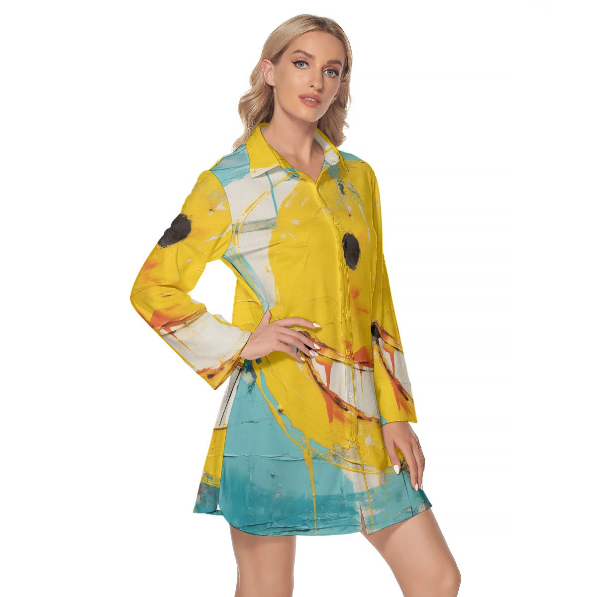 All-Over Print Women's Lapel Shirt Dress With Long Sleeve