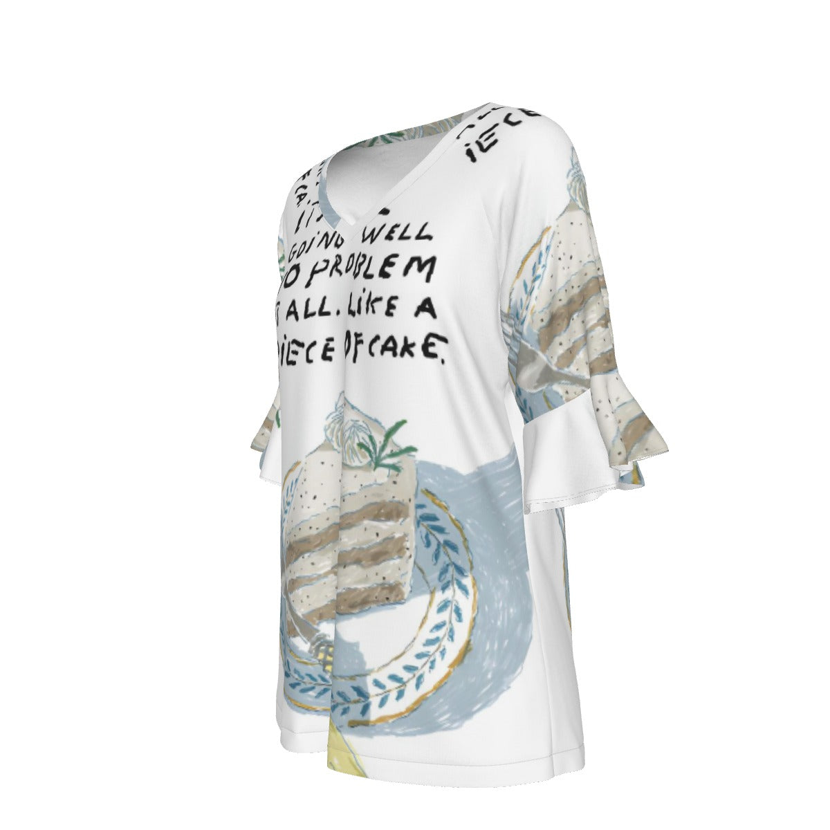 All-Over Print V-neck Women's T-shirt With Bell Sleeve