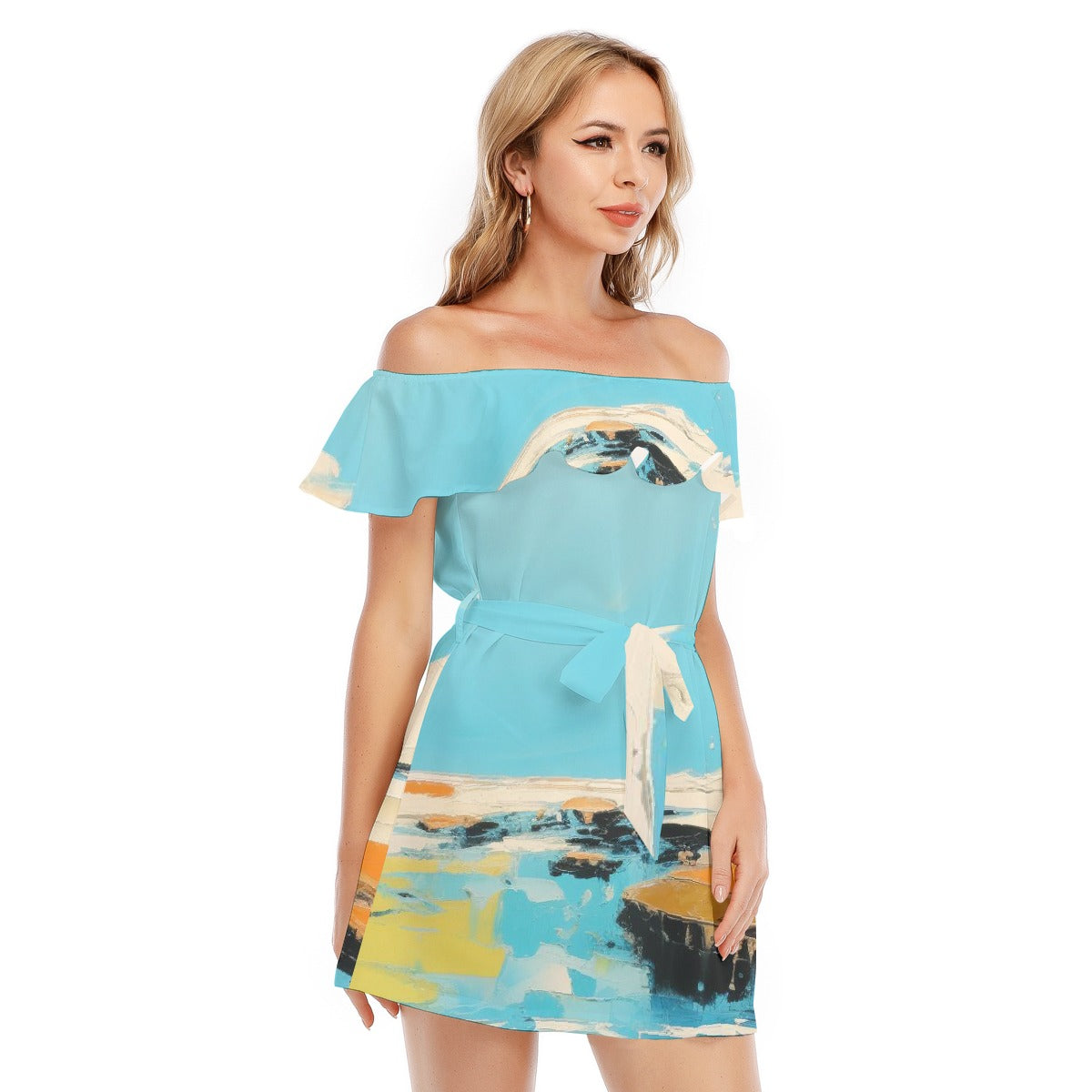 All-Over Print Women's Off-shoulder Dress With Ruffle