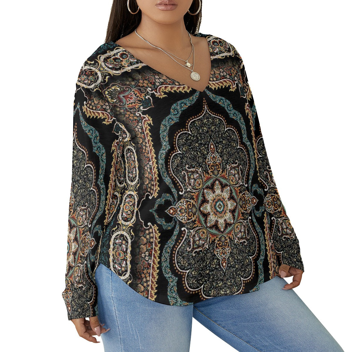 All-Over Print Women's V-neck T-shirt With Curved Hem(Plus Size)