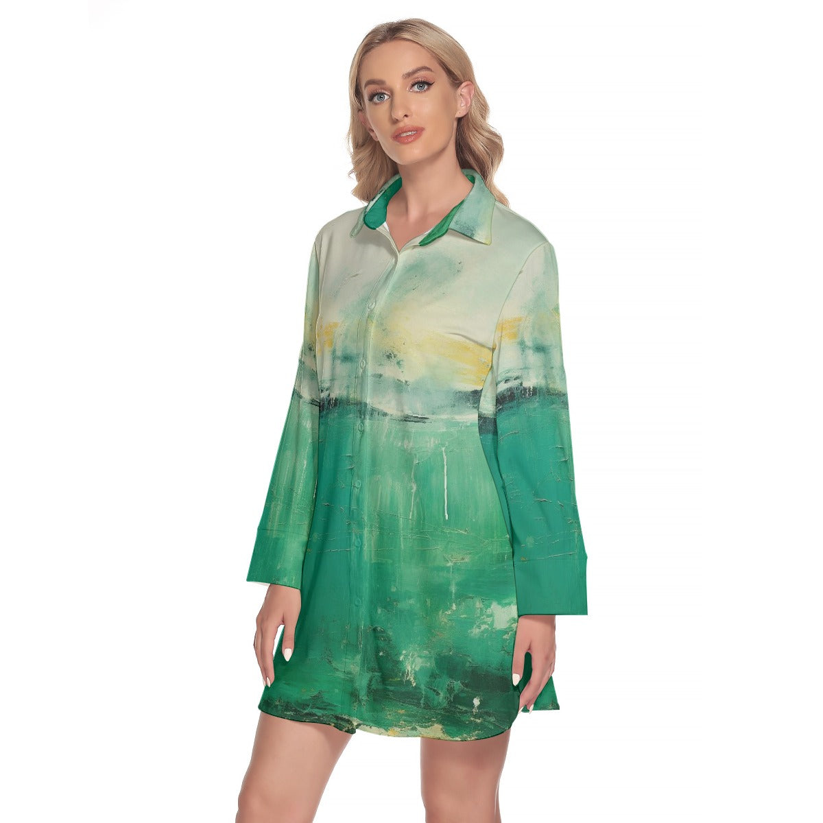 All-Over Print Women's Lapel Shirt Dress With Long Sleeve