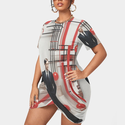 All-Over Print Women’s Stacked Hem Dress With Short Sleeve（Plus Size）