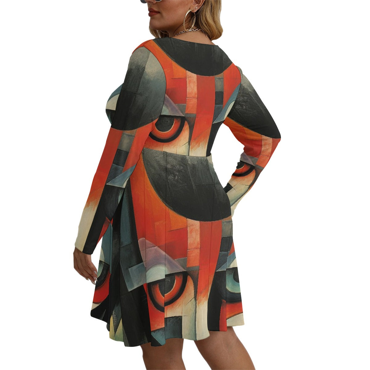 All-Over Print Women's V-neck Long Sleeve Dress(Plus Size)