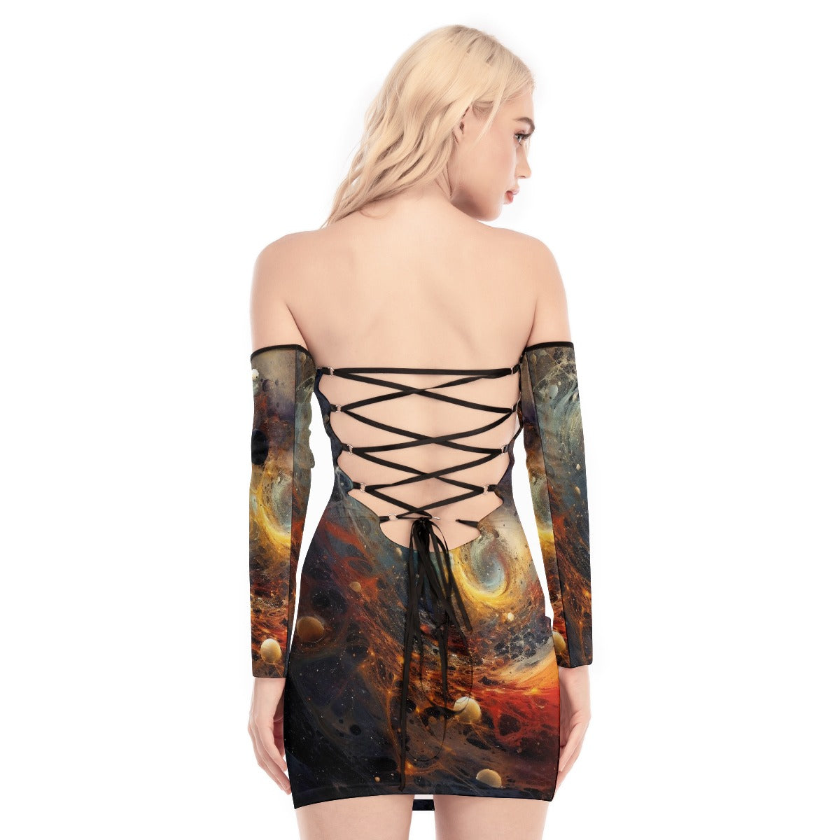 All-Over Print Women's Off-shoulder Back Lace-up Dress