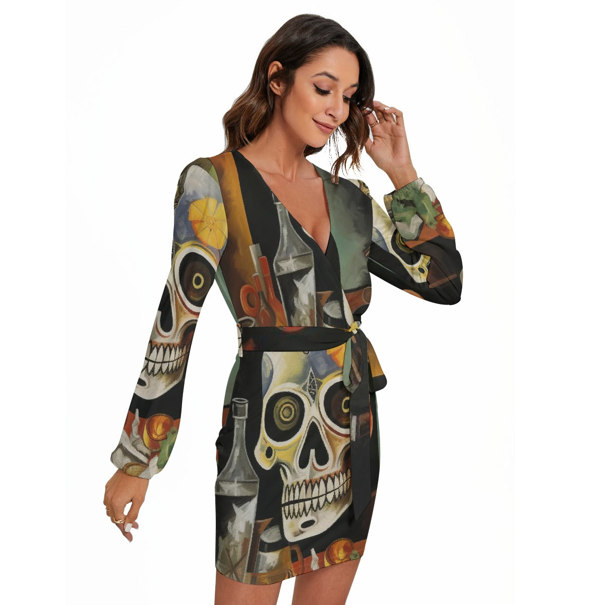 All-Over Print Women's Long Sleeve Dress With Waist Belt