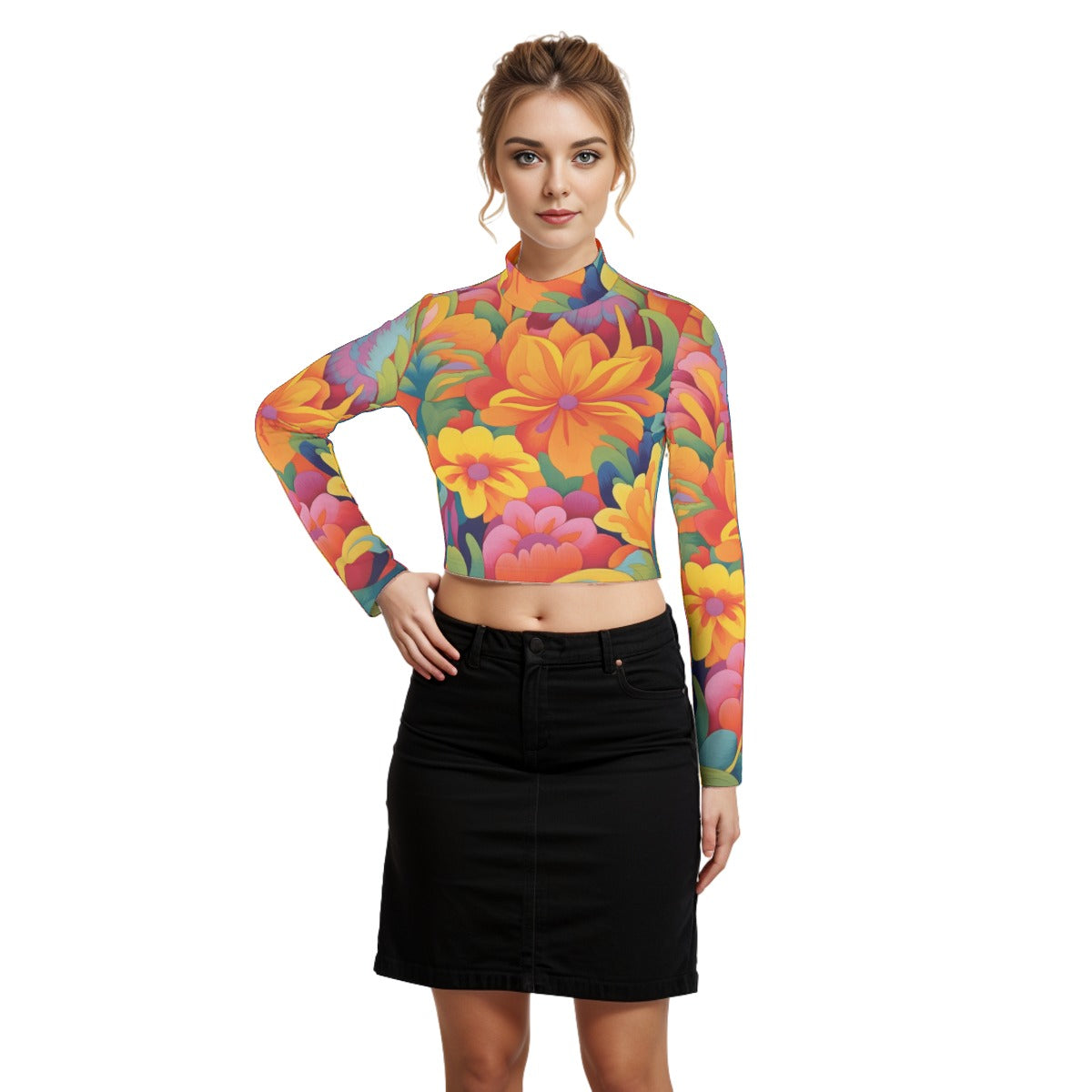 Eco-Friendly All-Over Print Women's Turtleneck T-shirt With Long Sleeve