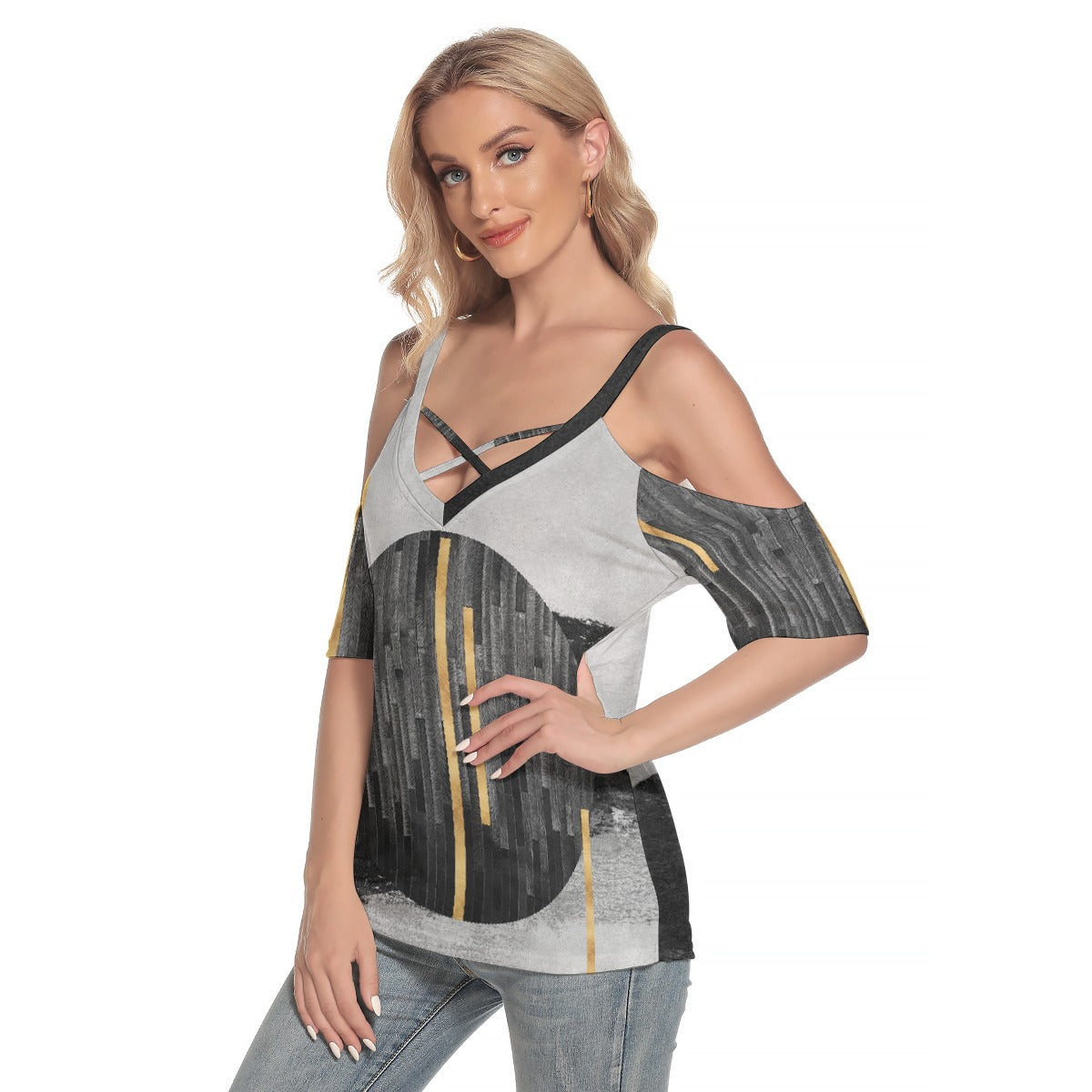 All-Over Print Women's Cold Shoulder T-shirt With Criss Cross Strips