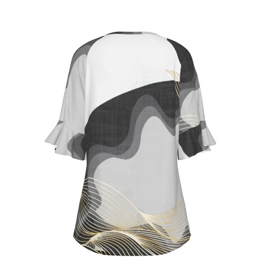 All-Over Print V-neck Women's T-shirt With Bell Sleeve