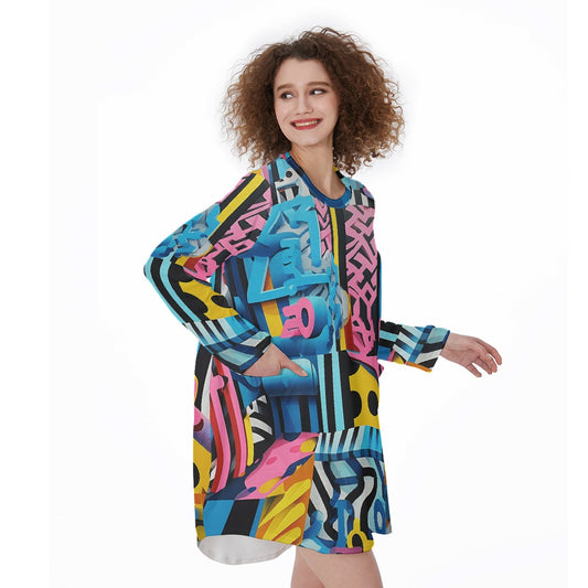 All-Over Print Women's Casual Loose Long Sleeve Dress With Pocket