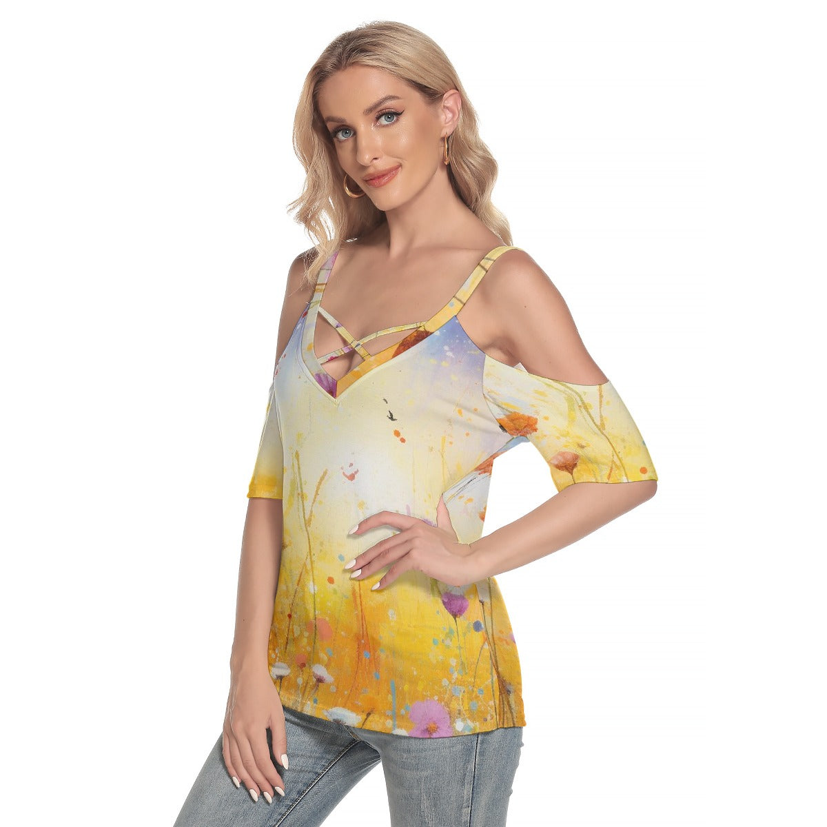 All-Over Print Women's Cold Shoulder T-shirt With Criss Cross Strips