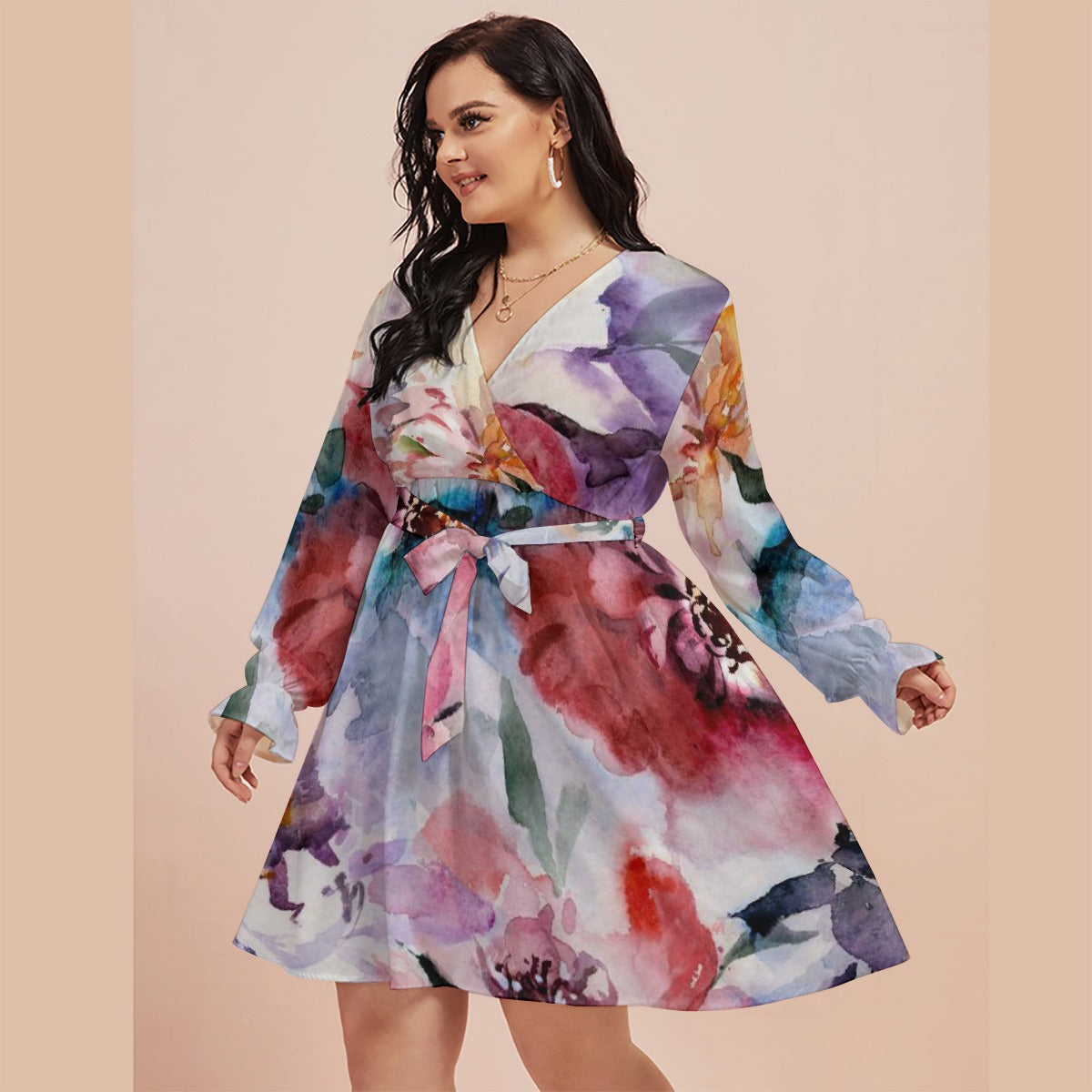 All-Over Print Women's V-neck Dress With Waistband(Plus Size)