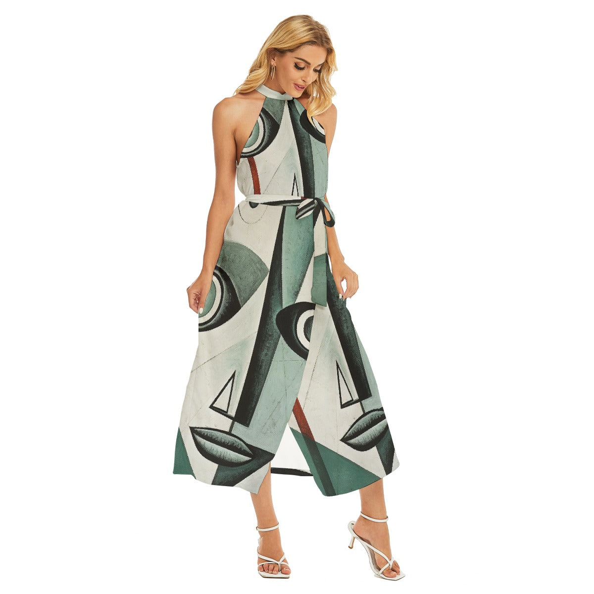 All-Over Print Women's Wrap Hem Belted Halter Dress