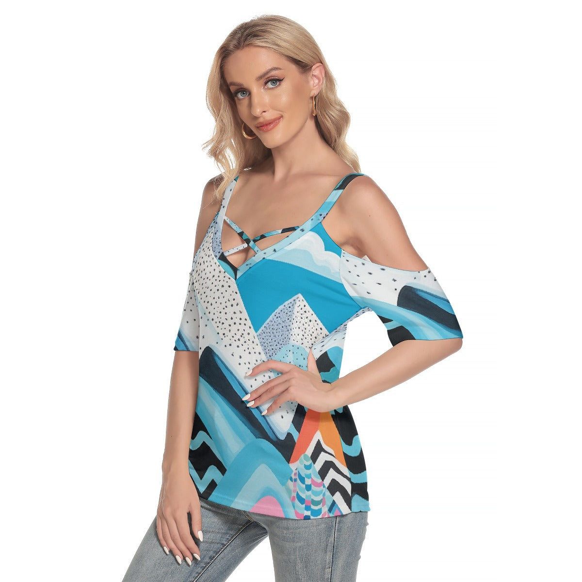 All-Over Print Women's Cold Shoulder T-shirt With Criss Cross Strips