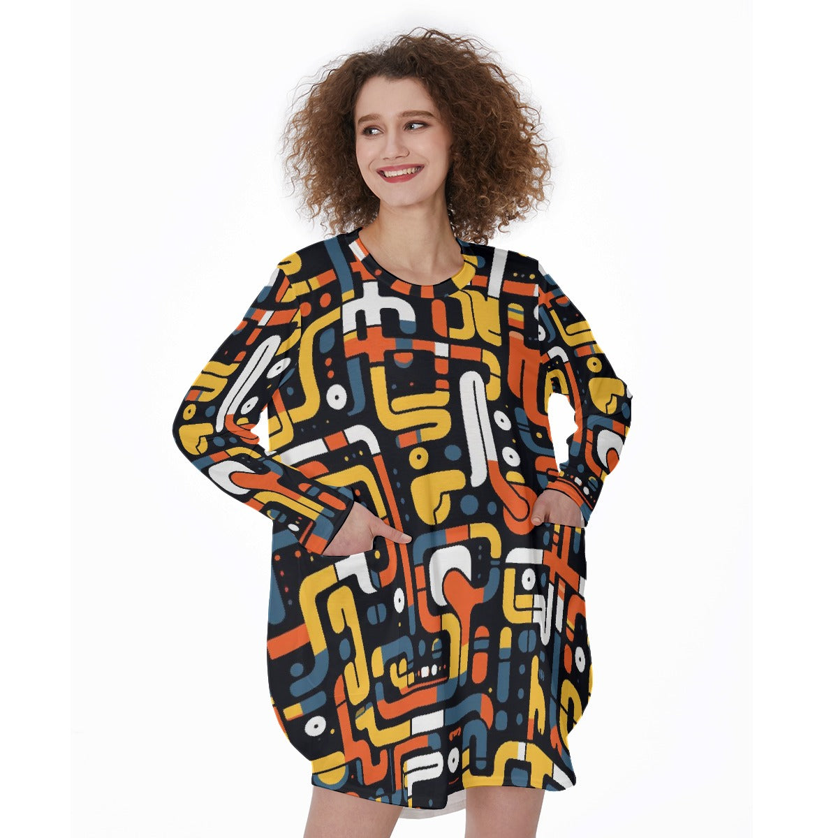 All-Over Print Women's Casual Loose Long Sleeve Dress With Pocket