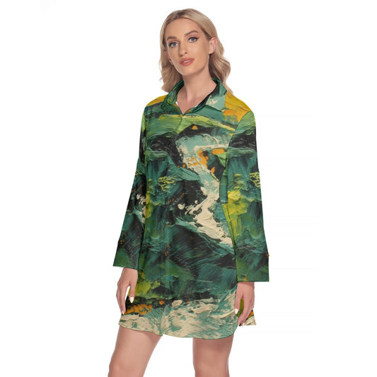 All-Over Print Women's Lapel Shirt Dress With Long Sleeve