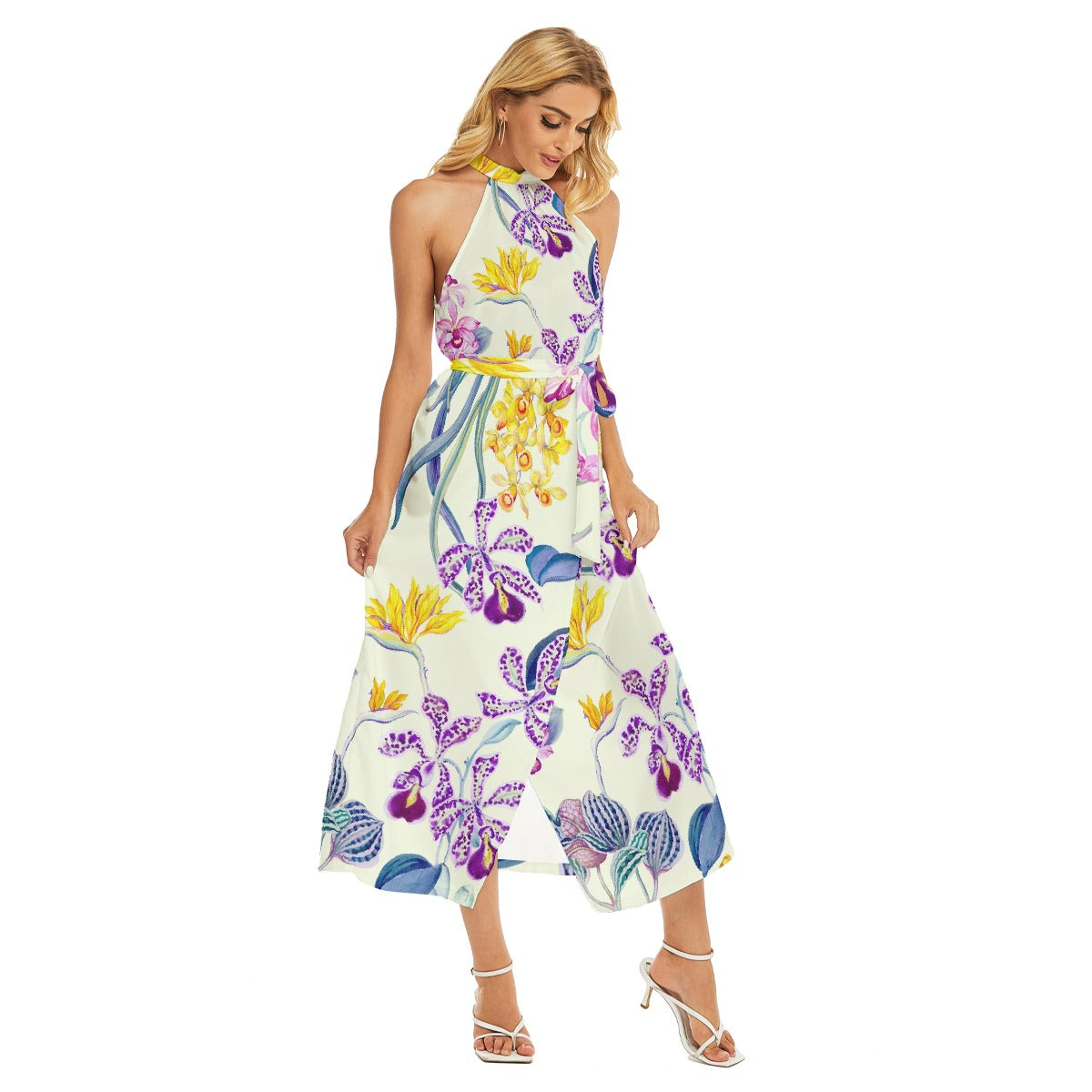 All-Over Print Women's Wrap Hem Belted Halter Dress