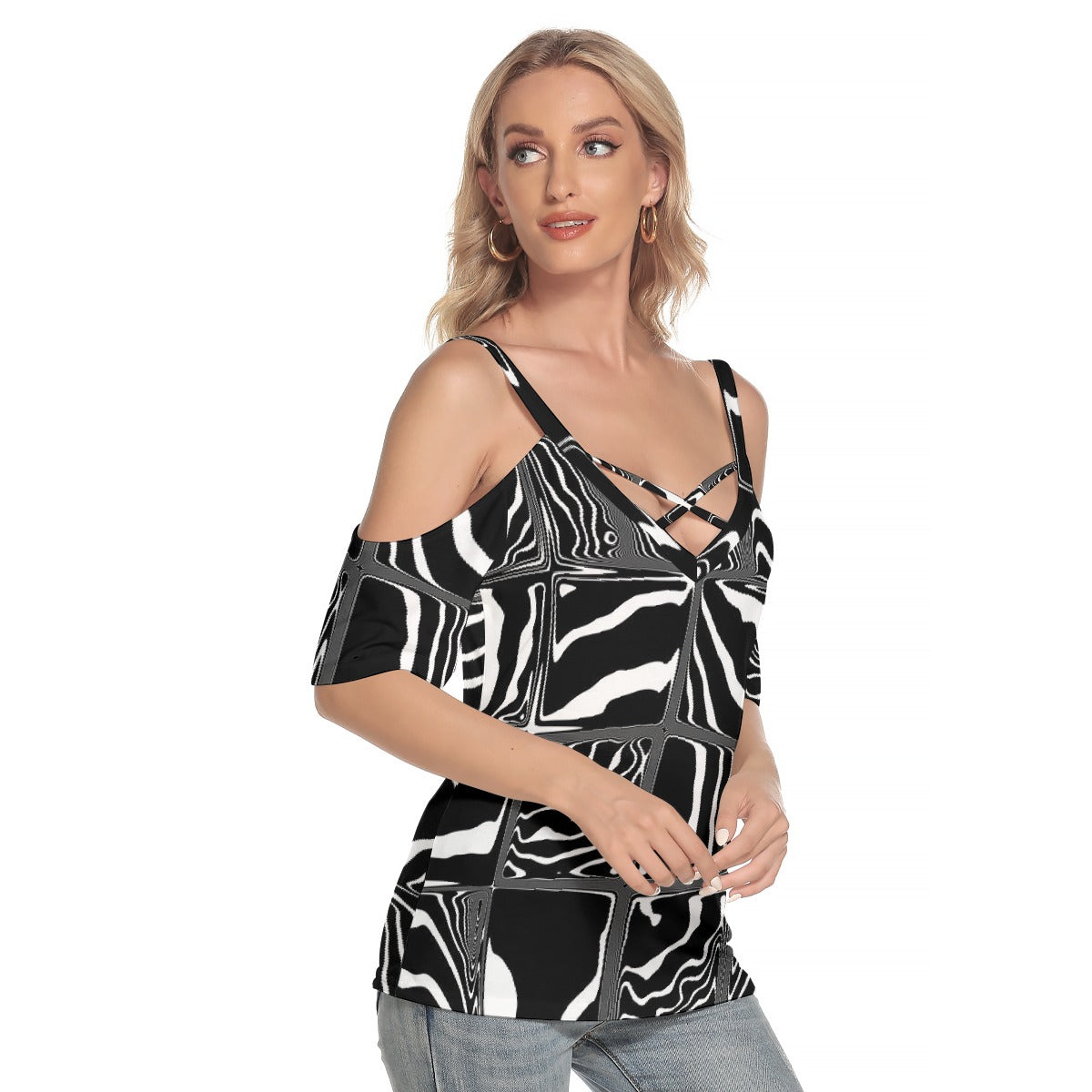 All-Over Print Women's Cold Shoulder T-shirt With Criss Cross Strips