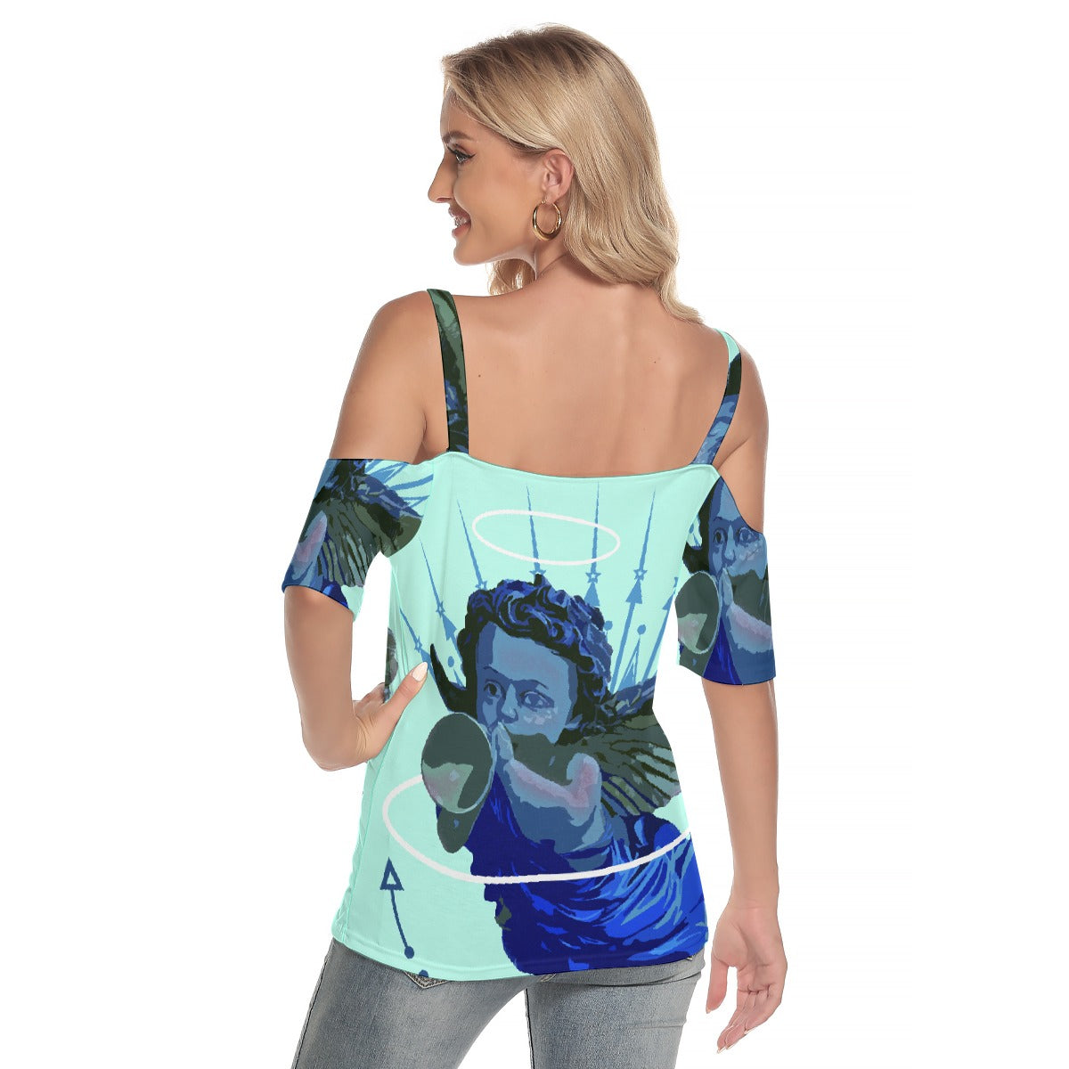 All-Over Print Women's Cold Shoulder T-shirt With Criss Cross Strips