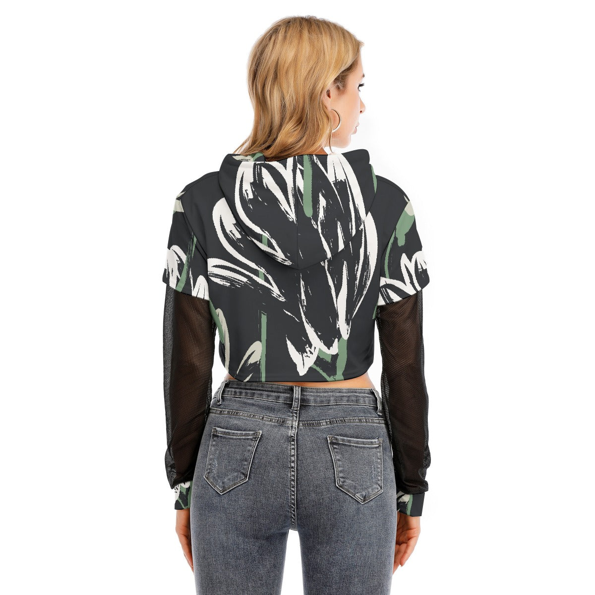 All-Over Print Women's Fake Two-piece Mesh Sleeve Cropped Hoodie