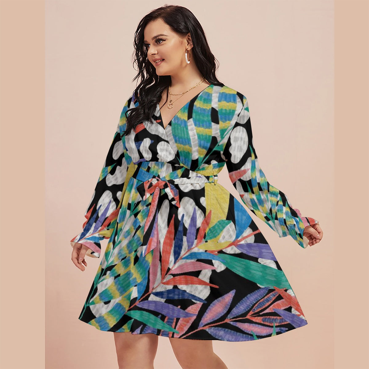 All-Over Print Women's V-neck Dress With Waistband(Plus Size)