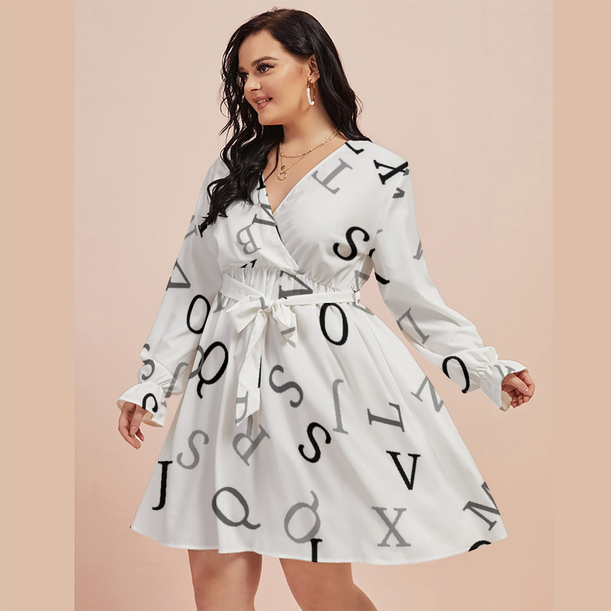 All-Over Print Women's V-neck Dress With Waistband(Plus Size)