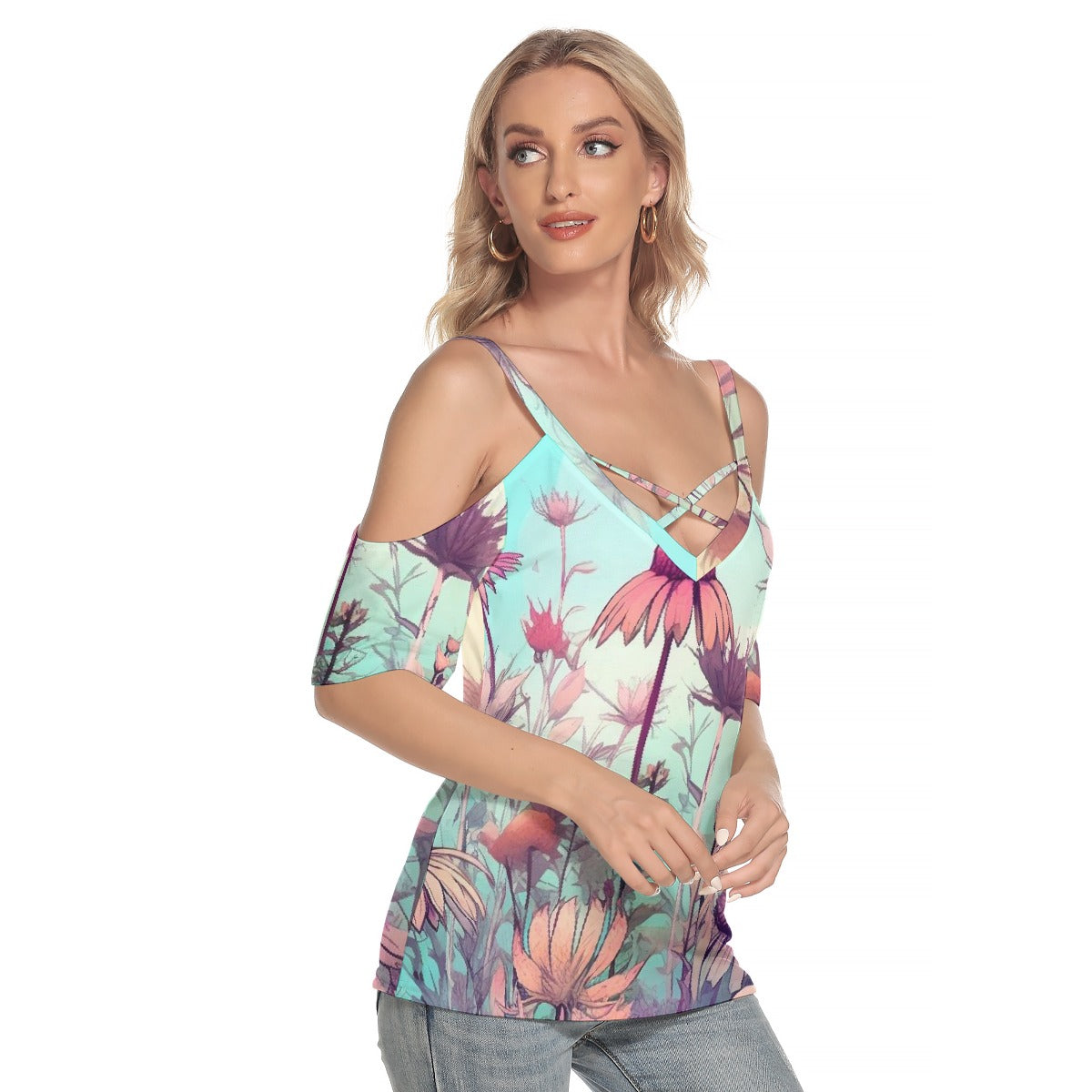 All-Over Print Women's Cold Shoulder T-shirt With Criss Cross Strips