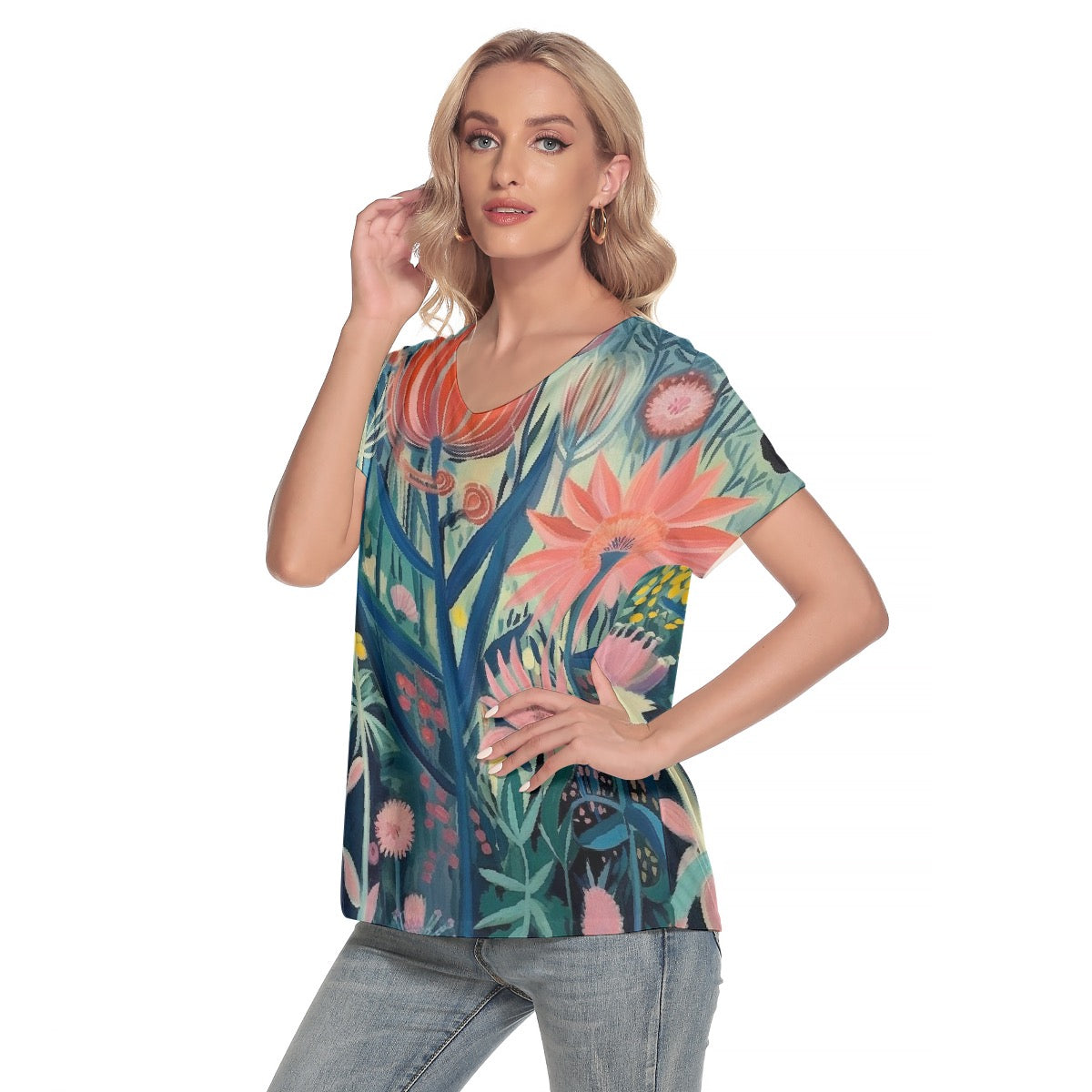 All-Over Print Women's Loose V-neck Short Sleeve T-shirt