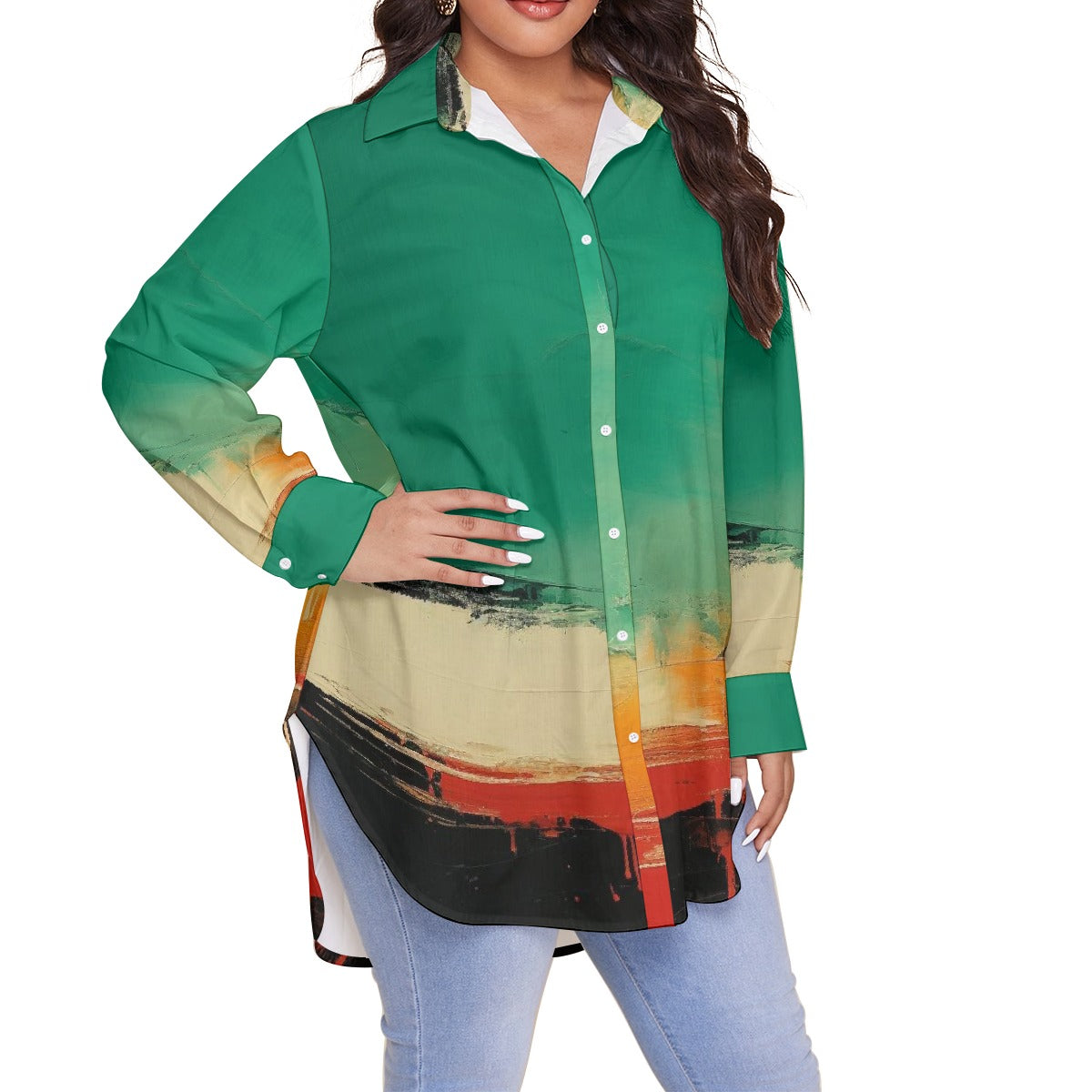 All-Over Print Women's Shirt With Long Sleeve(Plus Size)