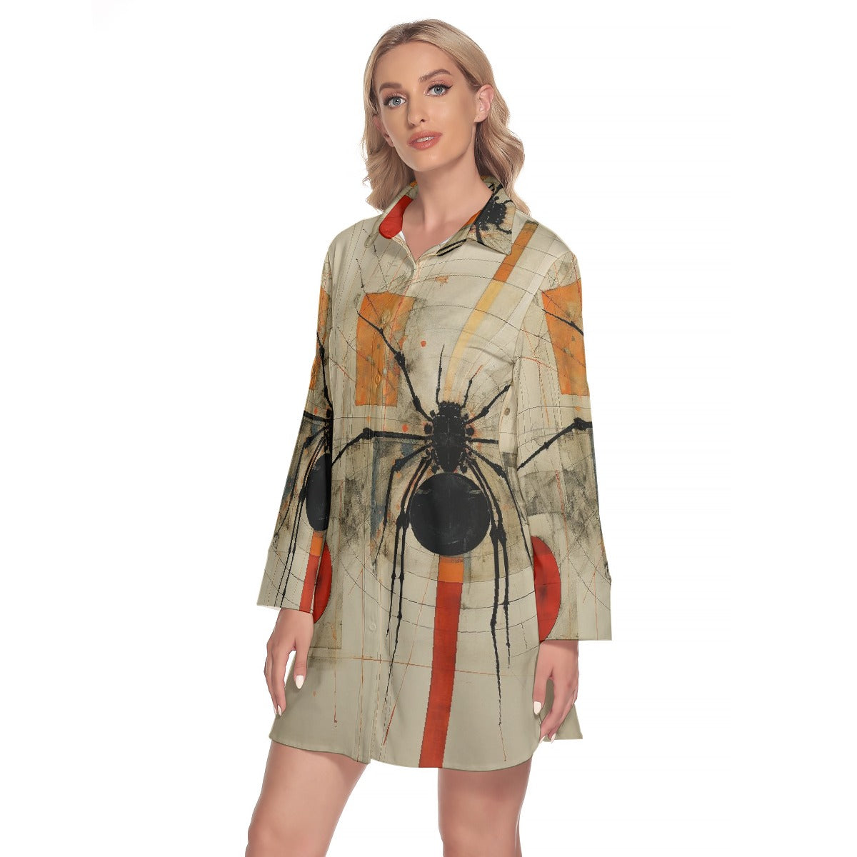 All-Over Print Women's Lapel Shirt Dress With Long Sleeve