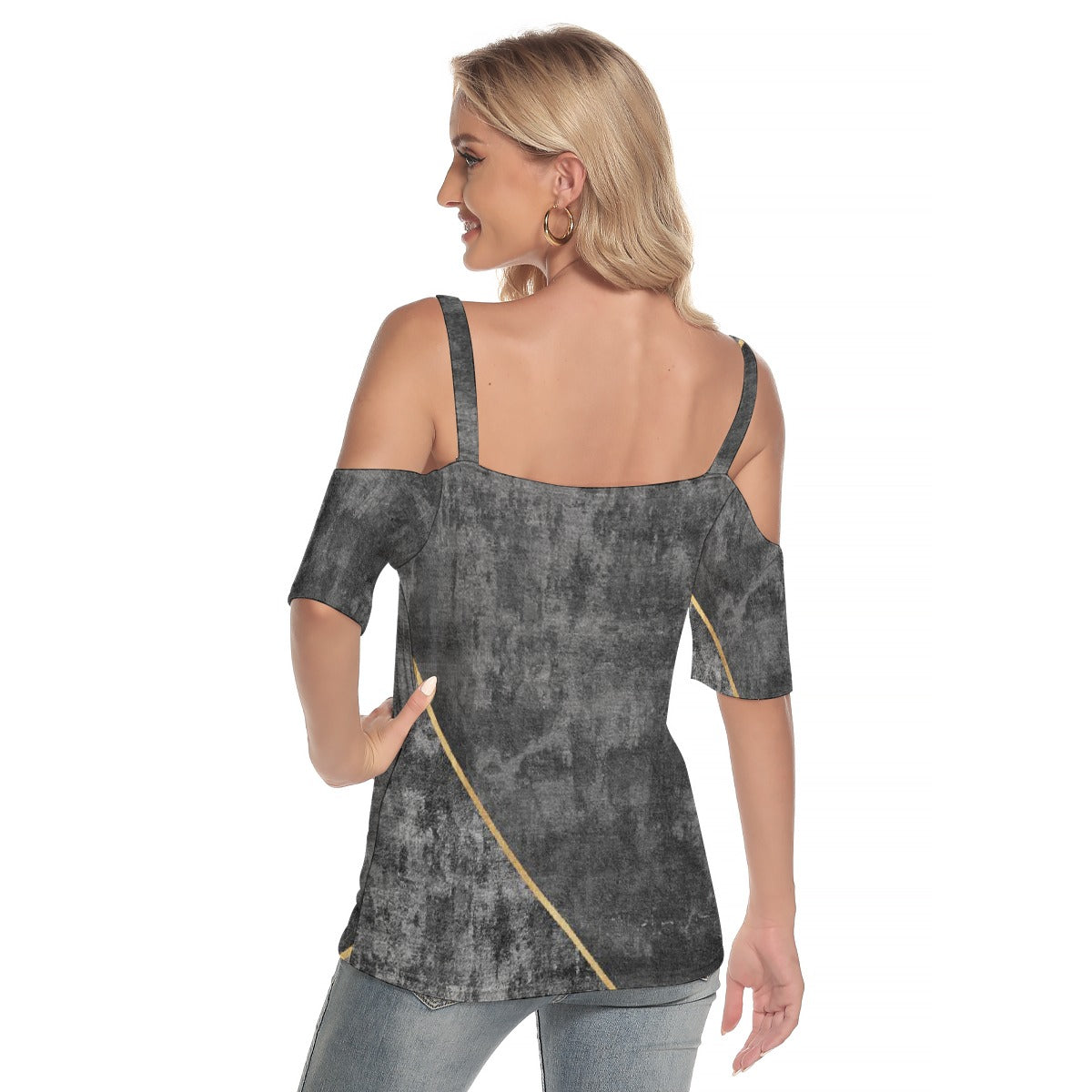 All-Over Print Women's Cold Shoulder T-shirt With Criss Cross Strips