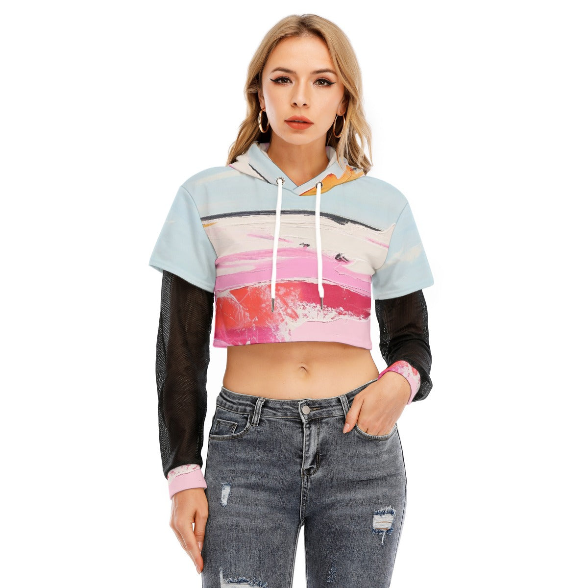 All-Over Print Women's Fake Two-piece Mesh Sleeve Cropped Hoodie