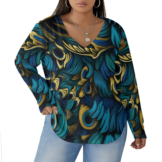 All-Over Print Women's V-neck T-shirt With Curved Hem(Plus Size)