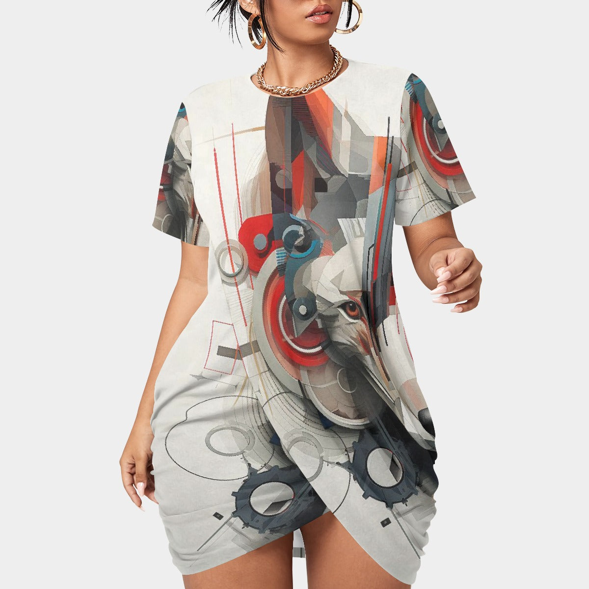 All-Over Print Women’s Stacked Hem Dress With Short Sleeve（Plus Size）