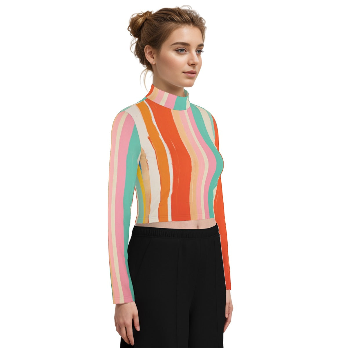 Eco-Friendly All-Over Print Women's Turtleneck T-shirt With Long Sleeve