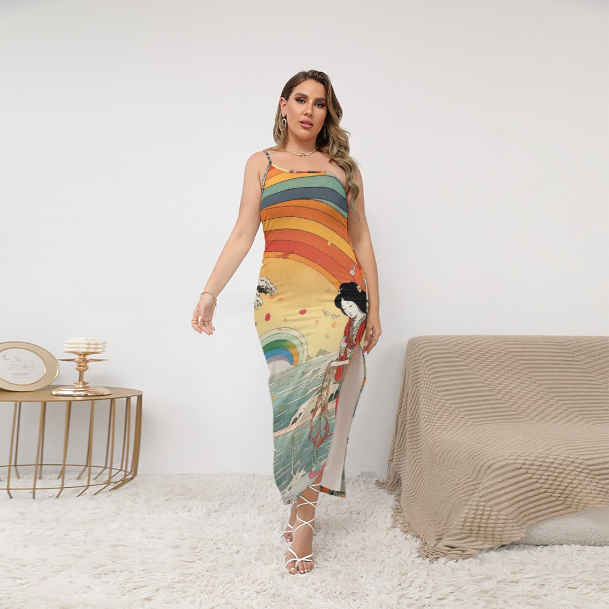 All-Over Print Women's Oblique-Shoulder Exposure Dress With Side Split (Plus Size)