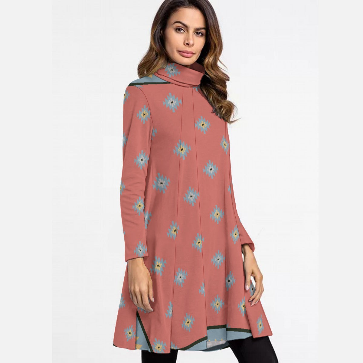 All-Over Print Women's High Neck Dress With Long Sleeve