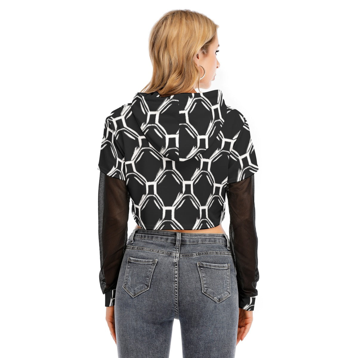 All-Over Print Women's Fake Two-piece Mesh Sleeve Cropped Hoodie