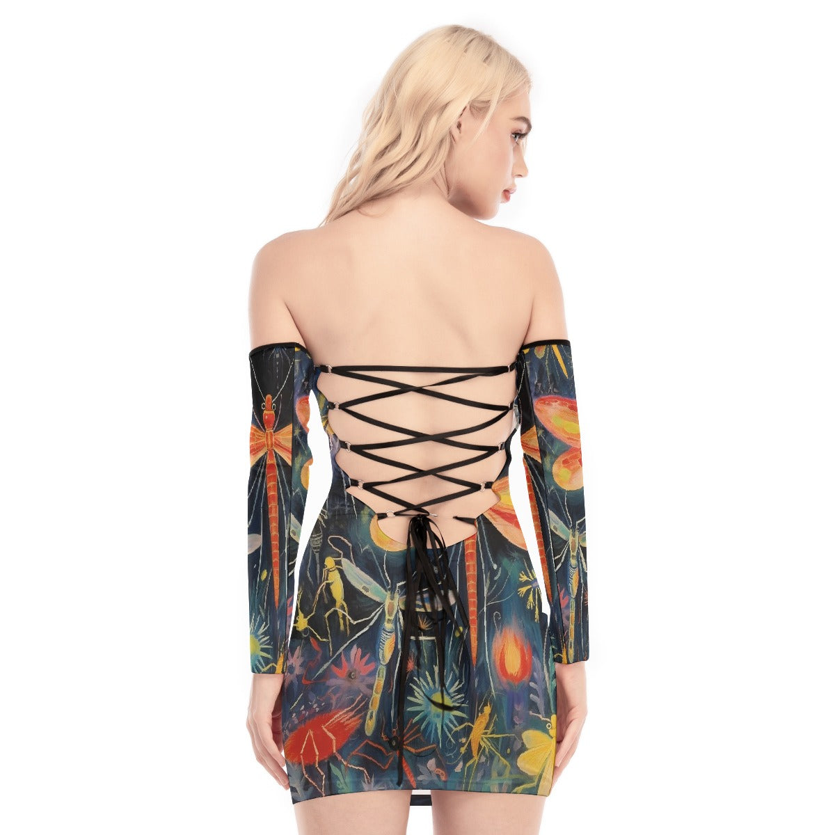 All-Over Print Women's Off-shoulder Back Lace-up Dress