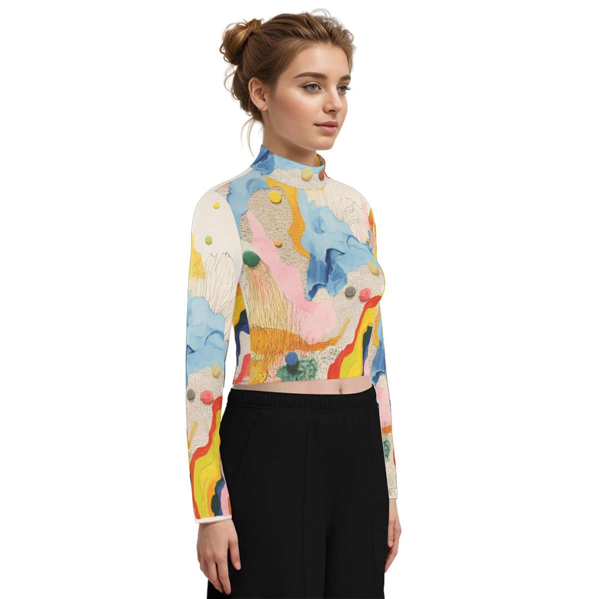 Eco-Friendly All-Over Print Women's Turtleneck T-shirt With Long Sleeve