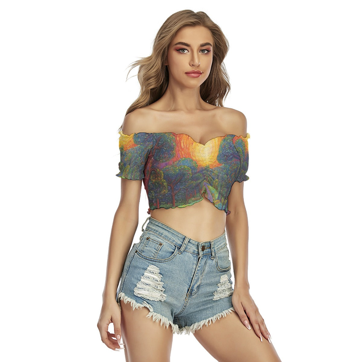 All-Over Print Women's One-shoulder Off-the-navel Short Sleeve T-shirt