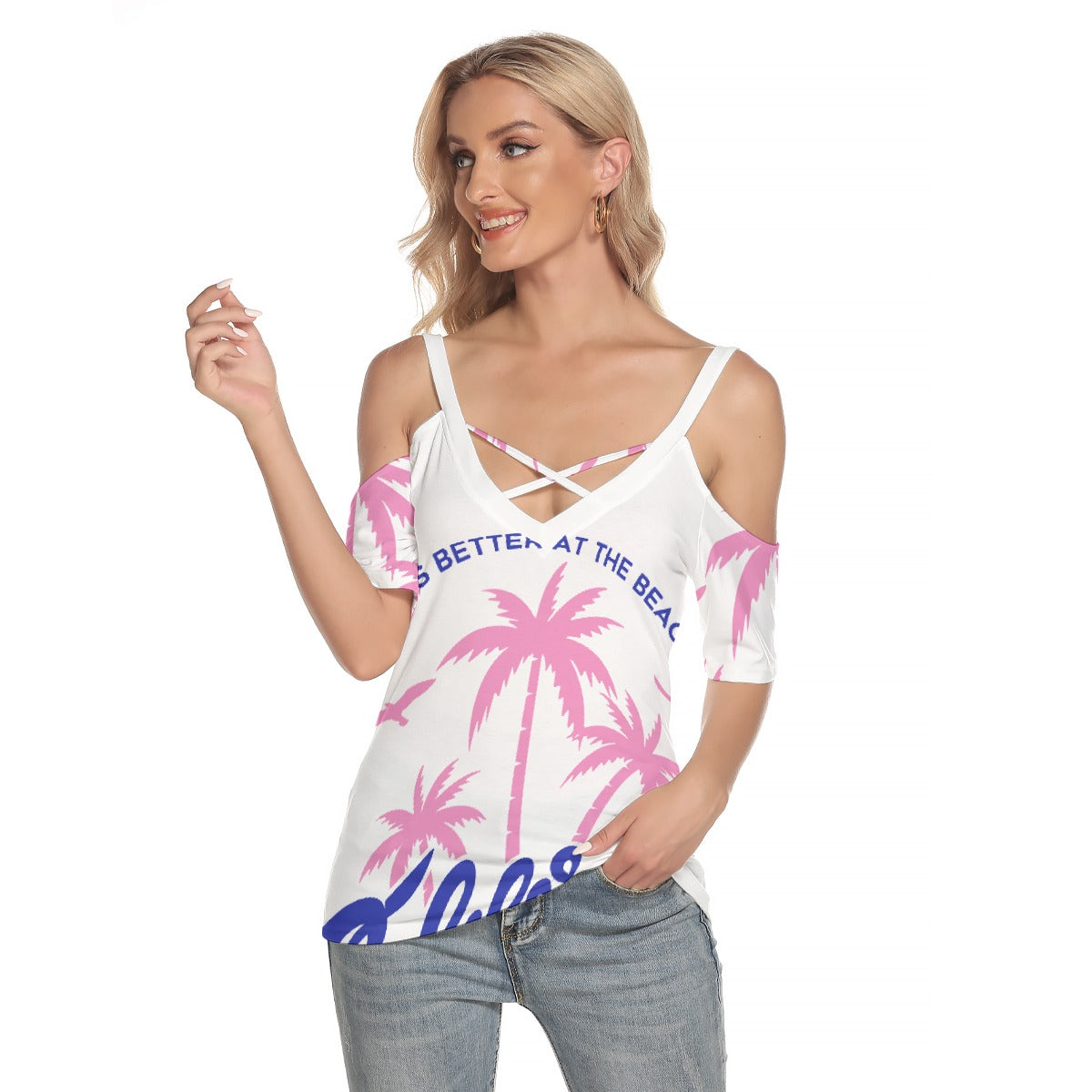 All-Over Print Women's Cold Shoulder T-shirt With Criss Cross Strips